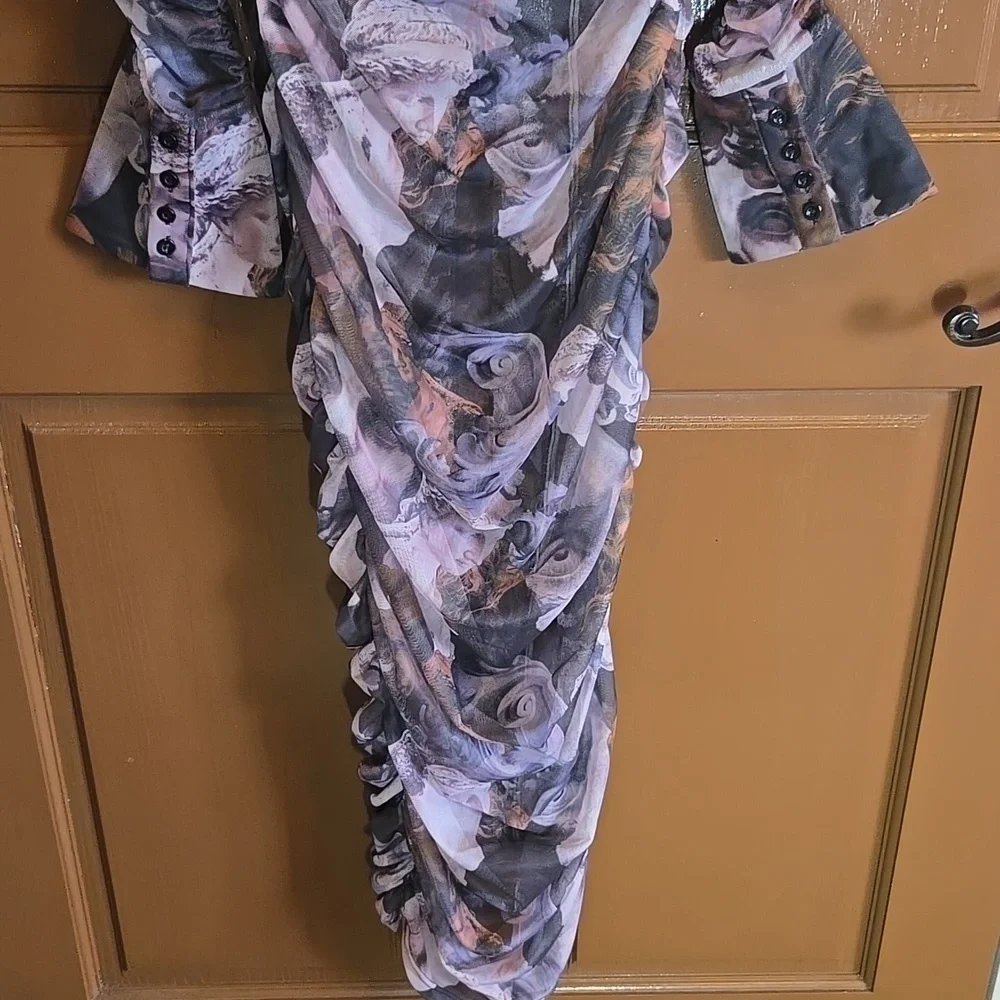 PrettyLittleThing-Draped lavender/gray print straight dress Sz 8 - Picture 9 of 16